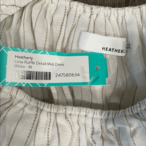 NWT Heatherly White and Tan Striped Lena Ruffle Off-Shoulder Dress - Picture 3 of 6